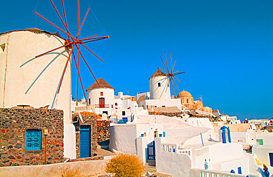 白色,建筑,风车,山,悬崖,锡拉岛,希腊