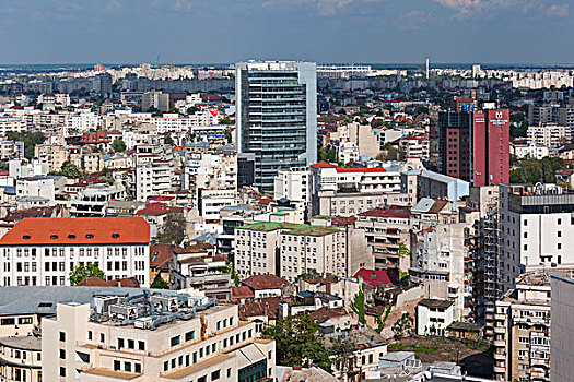 罗马尼亚,布加勒斯特,城市天际线,俯视图