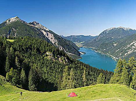 湖,阿亨湖地区,提洛尔,奥地利,高山湖,山脉,阿尔卑斯山,山,靠近,左边,右边,欧洲,大幅