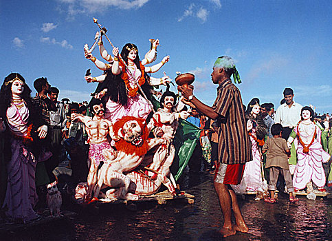海滩,仪式,投入,神像,印度教,女神,湾,孟加拉,白天,长,节日,四月,2008年