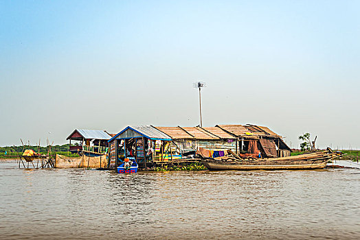 漂浮,房子,船屋,乡村,泛舟,树液,湖,柬埔寨,东南亚,亚洲