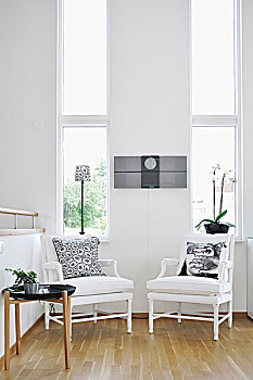白色,扶手椅,边桌,墙壁,高,狭窄,窗户