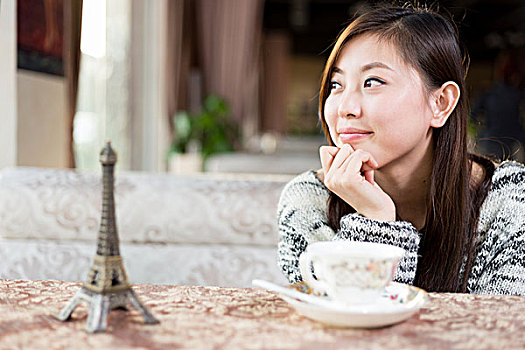 年轻,漂亮,中国人,坐,女人,现代,咖啡