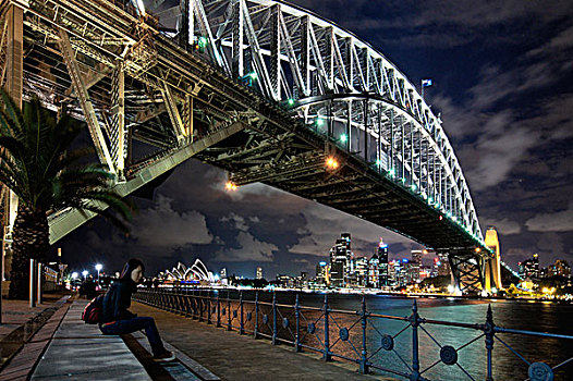 澳大利亚,新南威尔士,悉尼,年轻,女士,看,悉尼港,座椅,海港大桥