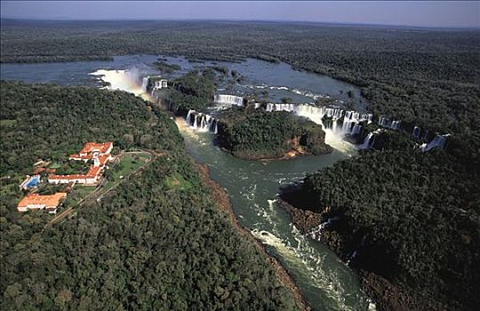 航拍,俯视,伊瓜苏瀑布,一个,瀑布,巴西,阿根廷,边界