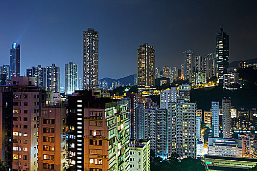 香港,拥挤,建筑,夜晚