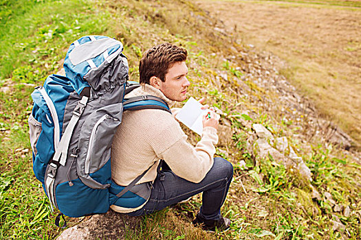 探险,旅行,旅游,远足,人,概念,男人,背包,坐在地上,背影