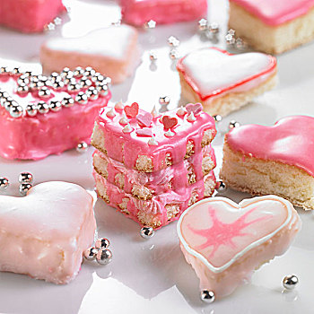 几个,心形,花色小蛋糕,粉色,糖衣,银,糖衣丸