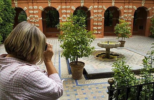 西班牙,安达卢西亚,塞维利亚,游客,照片,一个,美女,院落,花园,城堡