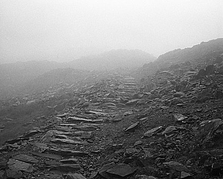 石头,山,小路,攀登,雾气,斯诺顿,北威尔士,英国