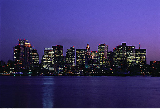 城市天际线,港口,夜晚,波士顿,马萨诸塞,美国