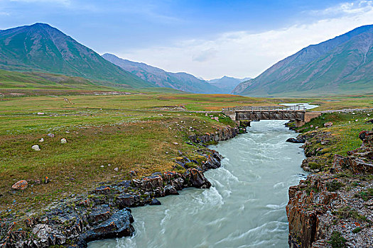 山景,木桥,上方,河,峡谷,区域,吉尔吉斯斯坦,亚洲