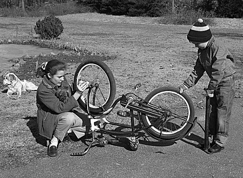 旧式,照片,男孩,修理,自行车
