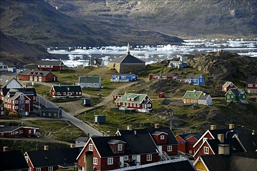 住宅区,彩色,房子,海冰,峡湾,东方,格陵兰,北极