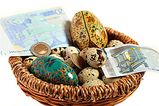 篮子,满,不同,鹌鹑,人造,蛋,一起,欧元,笔记,硬币,金融,商务,储蓄,一个