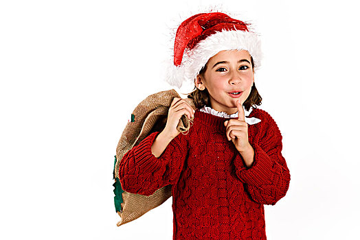 可爱,小女孩,戴着,圣诞帽,礼包,隔绝,白色背景,背景,冬服,圣诞节