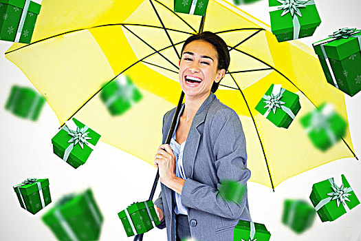 合成效果,图像,头像,高兴,职业女性,拿着,伞,绿色,礼物