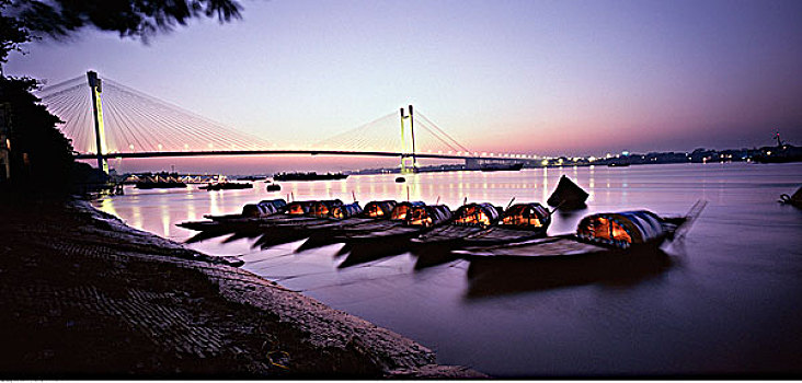 桥,黄昏,加尔各答,印度