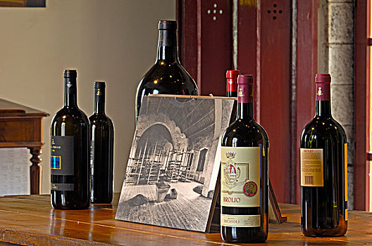 葡萄酒瓶,地窖,城堡,葡萄园,锡耶纳省,托斯卡纳,意大利,欧洲