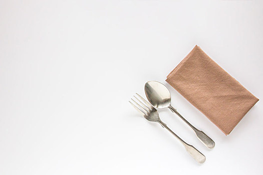留白,褐色,餐馆,餐巾,勺子,叉子