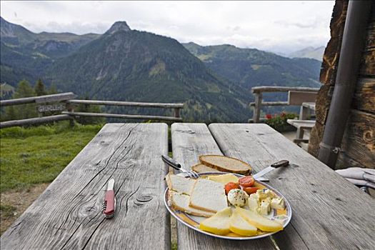 餐食,野餐桌,高山牧场,萨尔茨堡,奥地利,欧洲