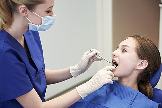 女性,牙医,检查,病人,女孩,牙齿
