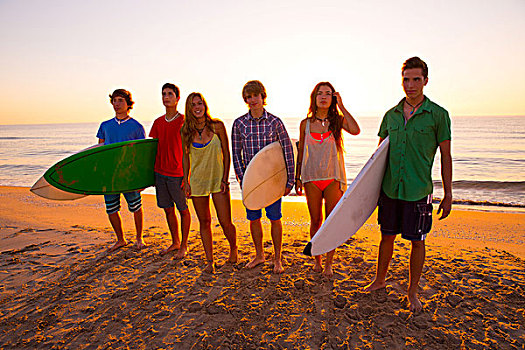 冲浪,青少年,女孩,海滩,阳光,日落,逆光