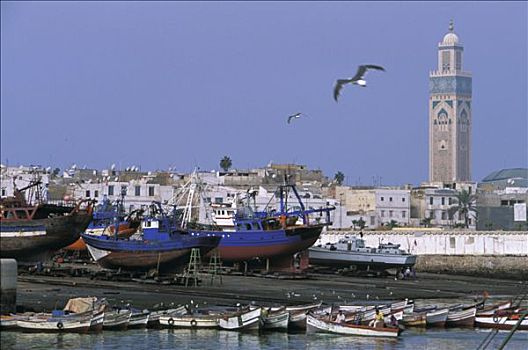 摩洛哥,卡萨布兰卡,港口,船,哈桑二世清真寺,背影,尖塔