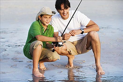 父亲,儿子,捕鱼,海滩