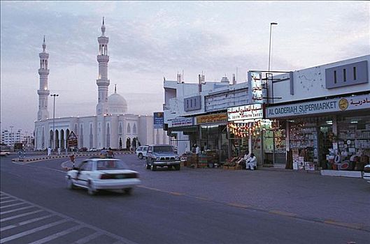 街景,交通,清真寺,靠近,迪拜,阿拉伯半岛