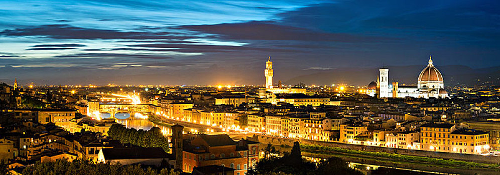 全景,佛罗伦萨,老城,夜晚