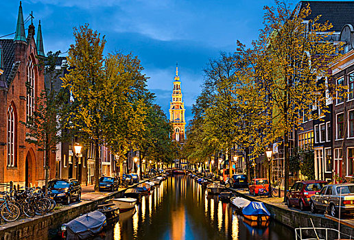 风景,教堂,运河,阿姆斯特丹,荷兰,夜晚