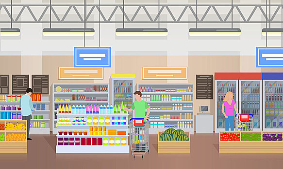 超市,人,购物,矢量,插画,逛街购物,男人,看,瓶子,女人,注视,果蔬