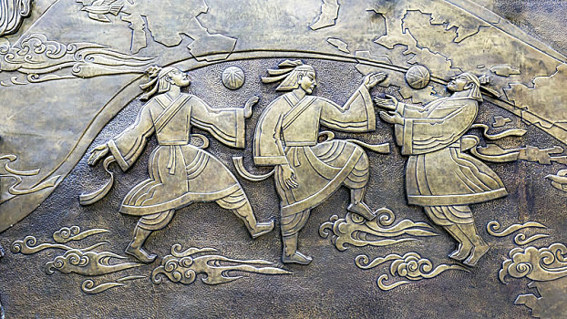 古代足球运动故事浮雕,山东省淄博市足球博物馆