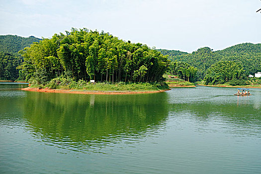 干净的湖面,岛上种植的竹子
