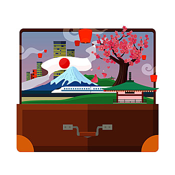 旅行,日本,概念,手提箱,风格,度假,旅途,亚洲,城市风光,富士山,空气,灯笼,樱花,塔,旅游胜地,旅行社,广告,矢量