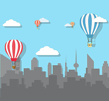 热气球,上方,城市,矢量