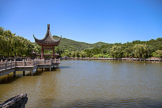 中国古典园林建筑九曲桥和亭子