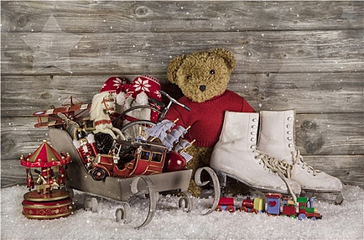 老,孩子,玩具,木质背景,圣诞装饰