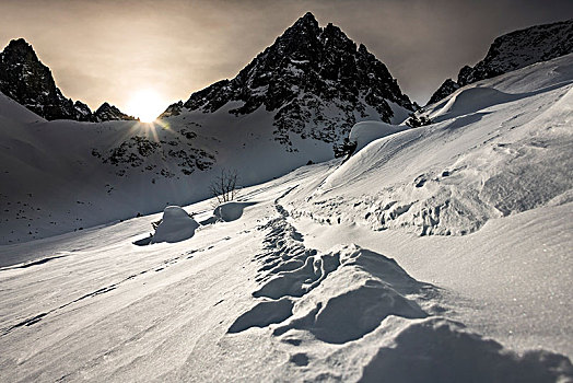 顶峰,冬天,滑雪道,日出,提洛尔,奥地利,欧洲