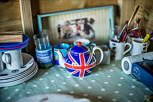 英国国旗,茶壶,瓷器,海滩小屋