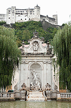 仰视,霍亨萨尔斯堡城堡,城堡,海王星喷泉,奥地利