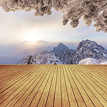 木地板,正面,雪景,黄山,山