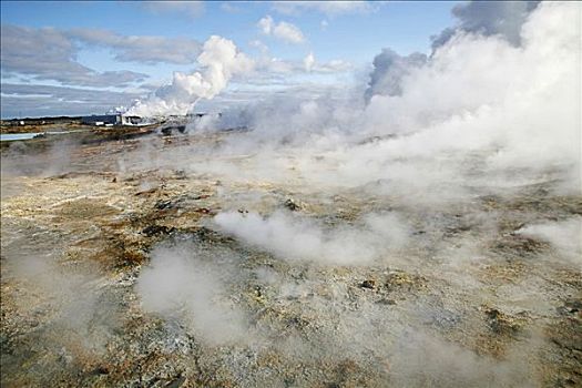 蒸汽,无数,洞,脆皮,后面,地热发电站,工厂,盐,地热能,地热,区域,南方,冰岛