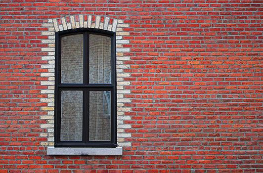 红砖,墙壁,窗户,帘,家,建筑