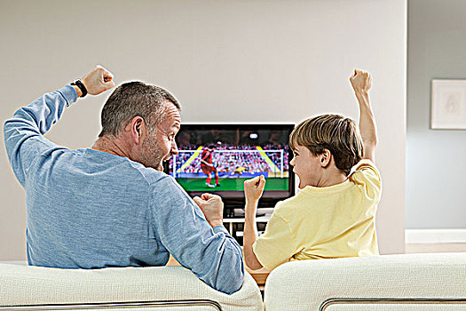父子,看,足球,电视