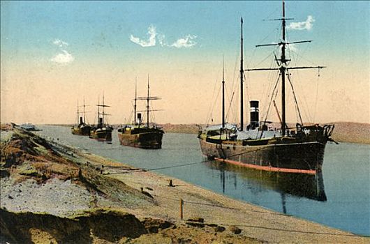 蒸汽船,通过,苏伊士运河,埃及,20世纪