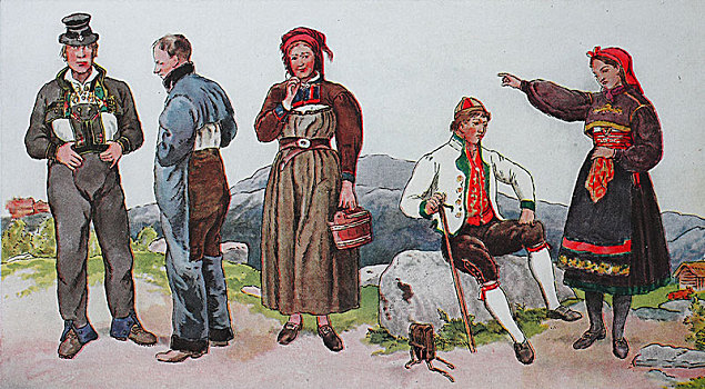 人,传统服装,时尚,衣服,服饰,挪威,南方,19世纪,插画,欧洲