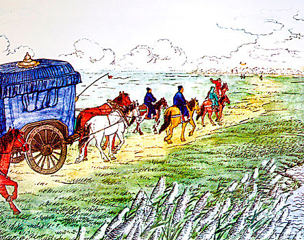 草原上一对车马向远处的蒙古包前进