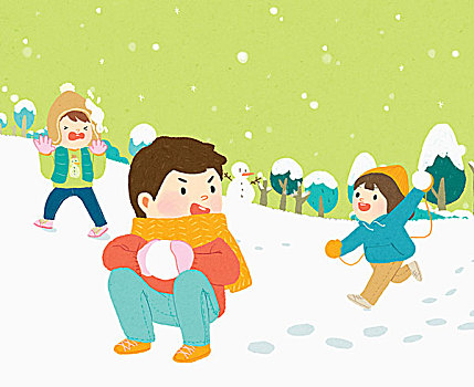 孩子,玩,雪,爭斗,插畫
